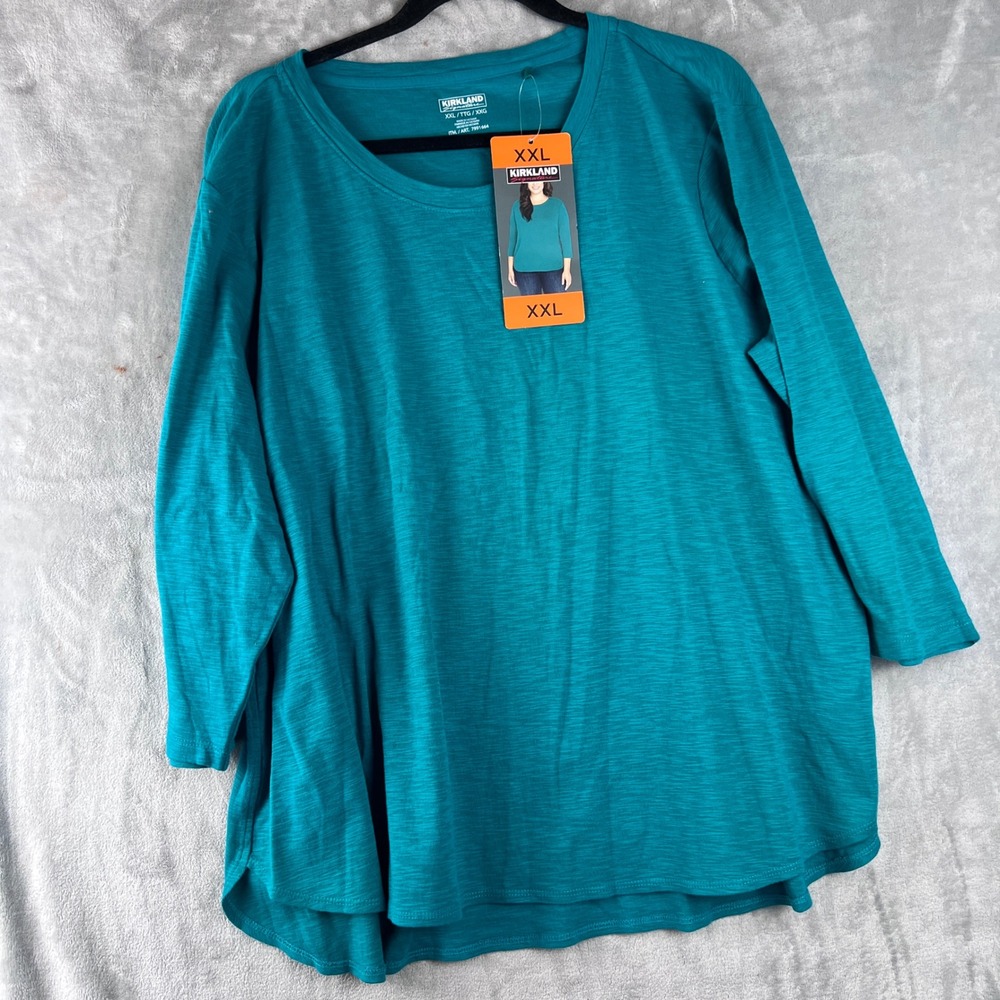 Kirkland Signature Teal Blue Cotton Slub Tee 3/4 Sleeve Scoop Neck XXL 7991664 - Picture 2 of 10